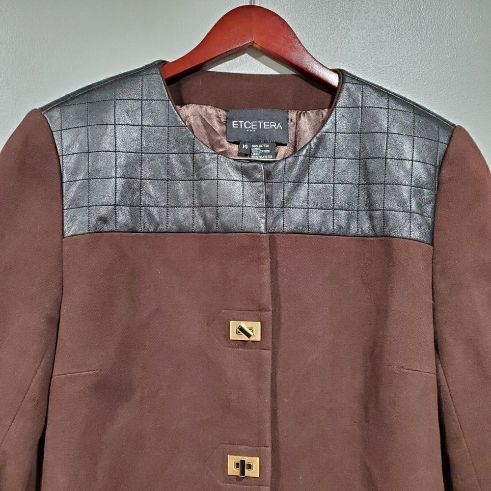 Etcetera Women's Brown Cotton Black Leather Trim Jacket Turnlock Closure Size 14 - Picture 4 of 14